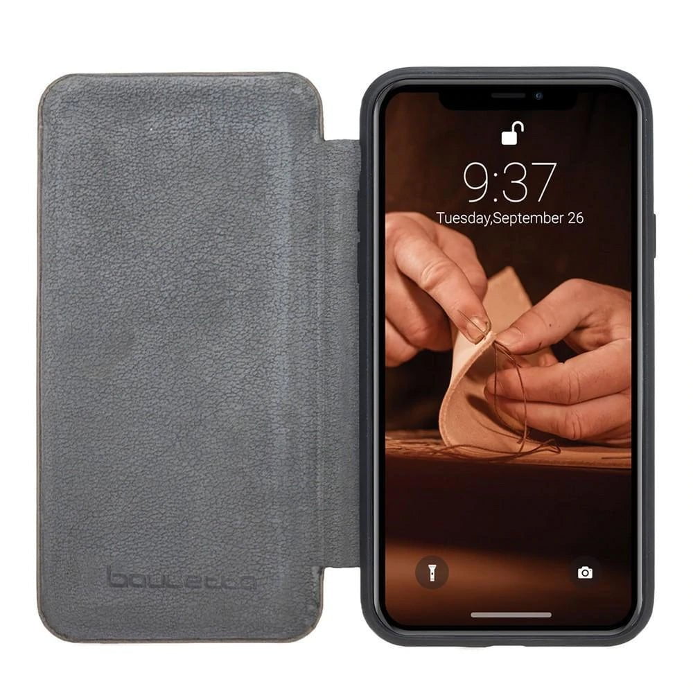 Slim Fit Book Leather Case for Apple iPhone X and iPhone XS Vegetal Grey Bouletta LTD