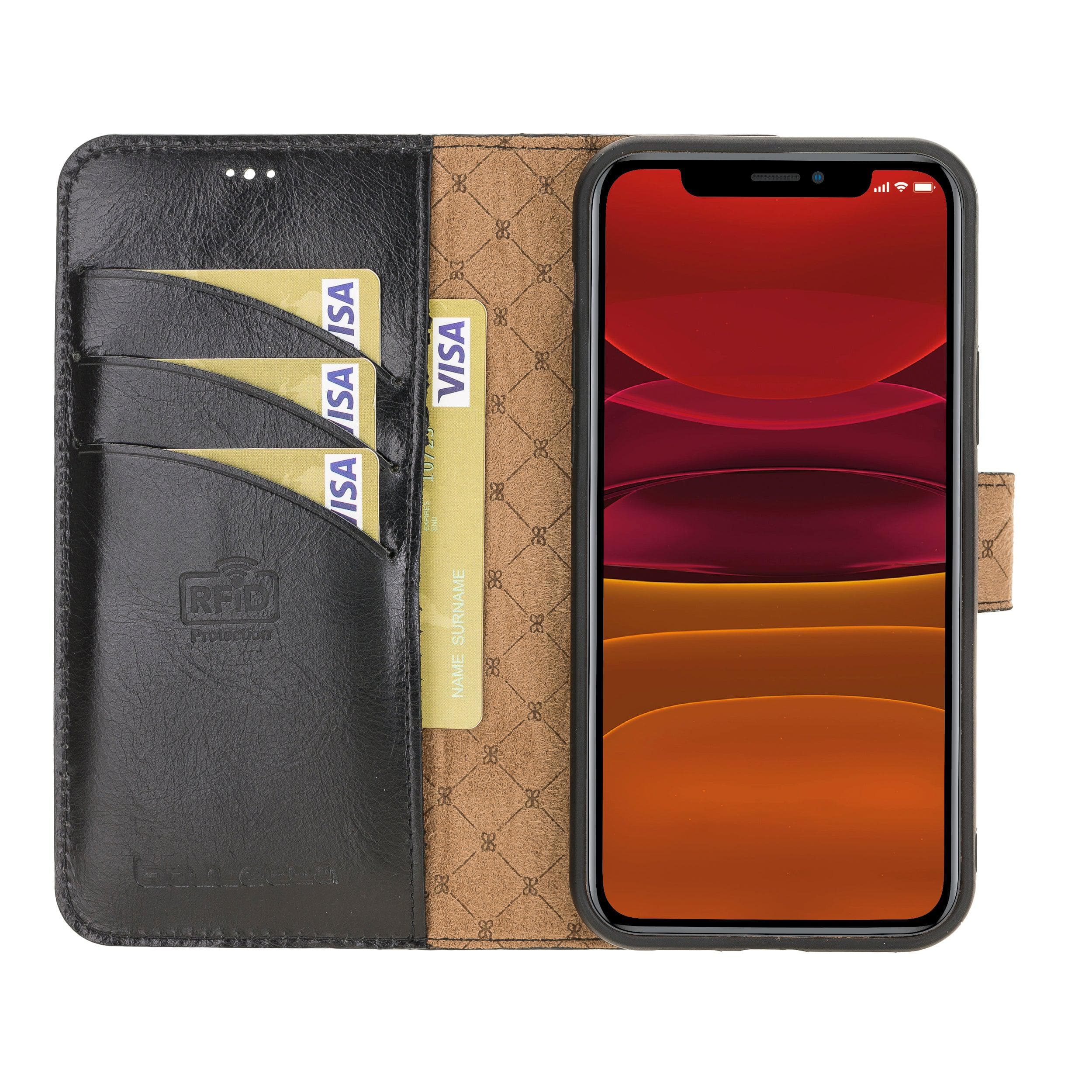 Non Detachable Leather Wallet Cases for Apple iPhone 12 Series iPhone 12 Pro - iPhone 12 / Black Bouletta LTD
