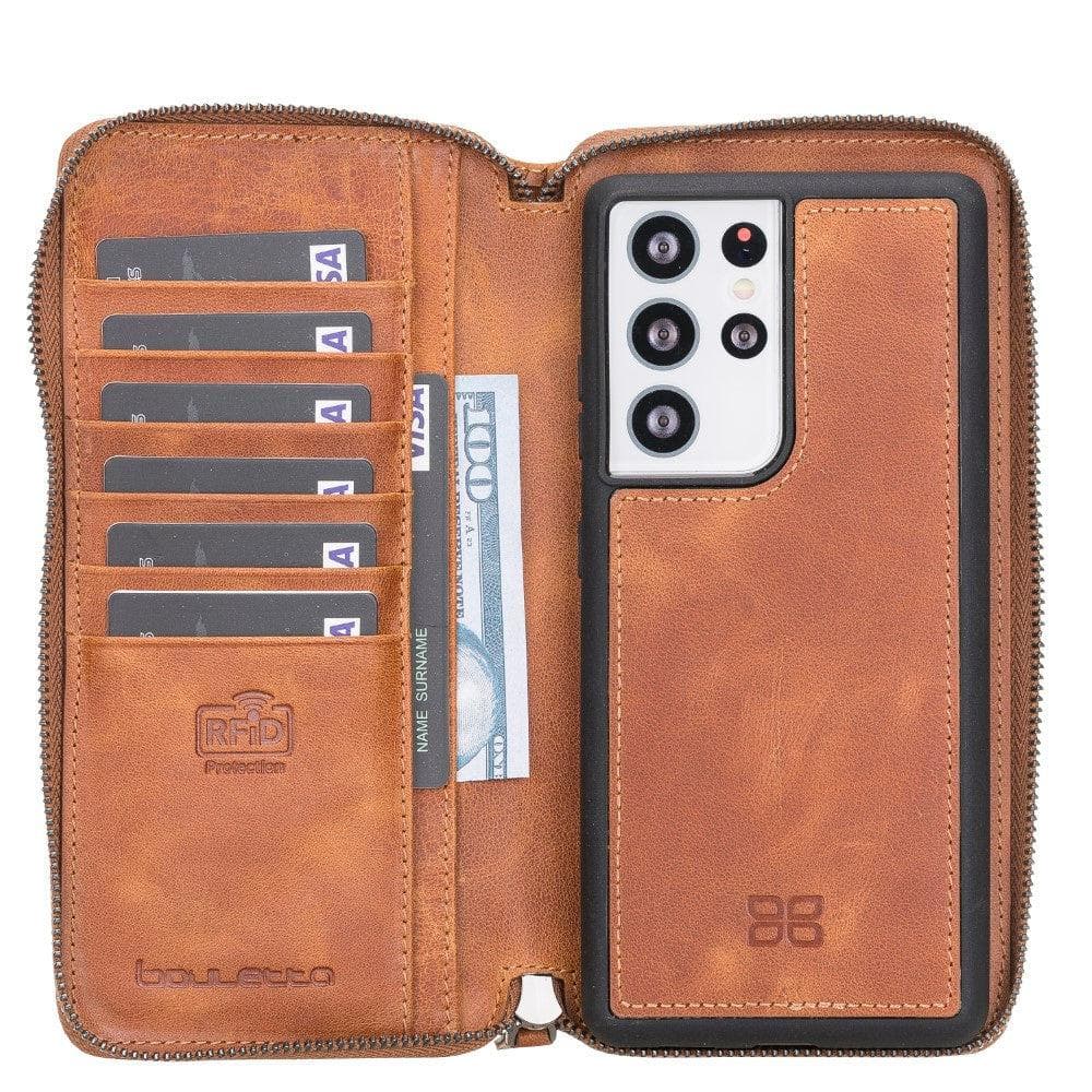 Detachable Leather Zipper Wallet Cases for Samsung Galaxy S21 Series S21 Ultra / Tan Bouletta LTD